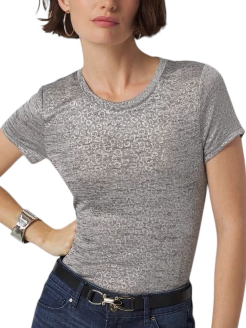 NWT WHITE HOUSE BLACK MARKET Silver Leopard Foil Short Sleeve Tee Size Large